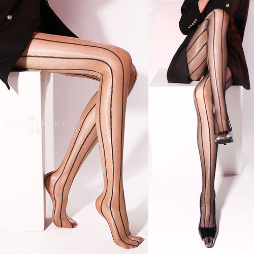 全腿竖线条纹开裆珠光油亮连裤袜