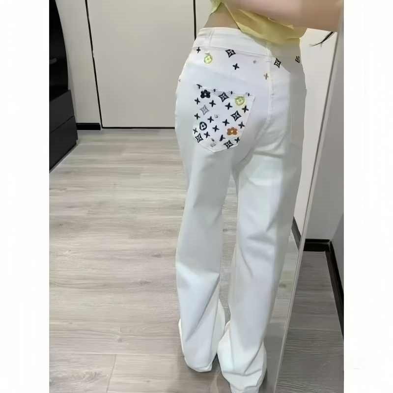 辣妹复古白色直筒牛仔裤女夏季新款彩色刺绣宽松显瘦高腰阔腿长裤