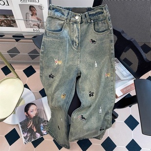 复古港风浅色做旧牛仔裤 女夏季 新款 小狗刺绣高腰显瘦阔腿拖地长裤