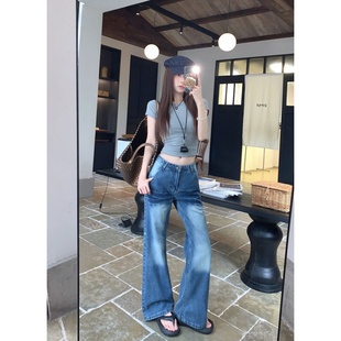 复古港风微喇牛仔裤 女夏季 新款 水洗做旧高腰垂坠感显瘦阔腿拖地裤