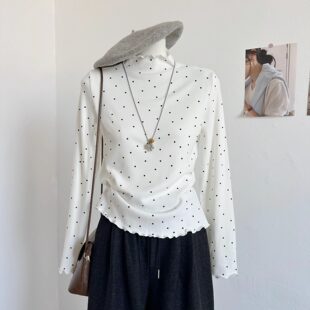 灰色波点木耳边半高领长袖t恤女春秋立领抓绒打底衫内搭保暖上衣