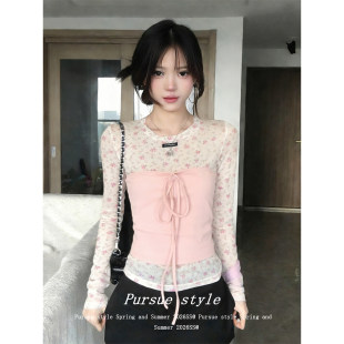 【氛围感拉满】韩系叠穿套装女春季碎花长袖t恤抹胸内搭打底上衣