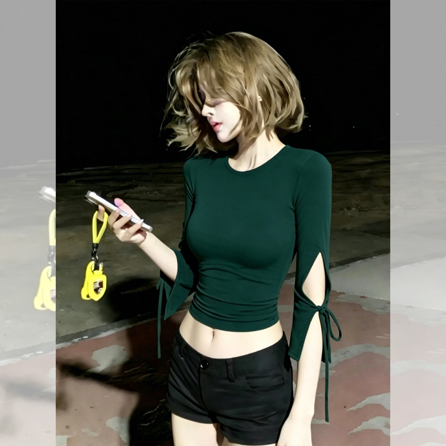 七分袖T恤女显瘦系带短款小上衣图片