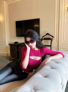 WW定制「恋爱信号」收腰显瘦中袖针织衫女套头性感纯欲风小众上衣