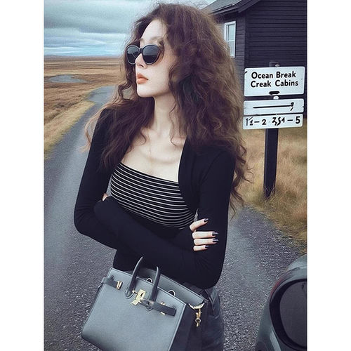 条纹拼接长袖打底衫女内搭显瘦