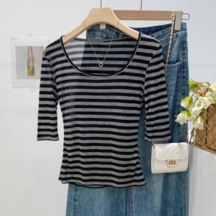 莱赛尔天丝薄款 T恤女2025夏季 新款 掐腰上衣 黑杏条纹撞色正肩短袖