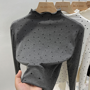 半高领波点长袖t恤女冬季2026年新款木耳边上衣加绒打底衫女内搭