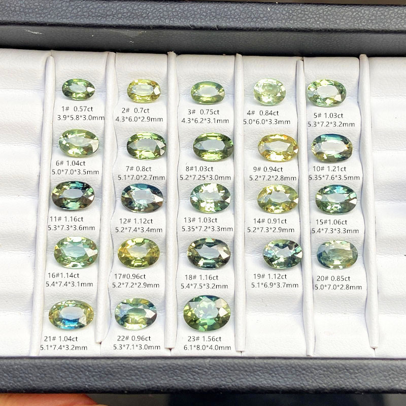 澳大利亚天然蓝宝石裸石绿色黄花色椭圆18K黄金925银戒指吊坠手链