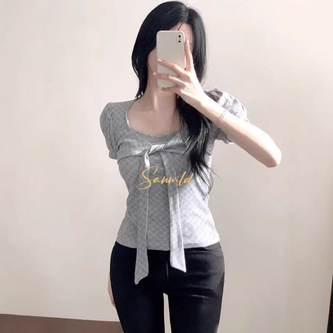 夏季新款韩系蕾丝花边格纹蝴蝶结正肩短袖t恤女显瘦设计收腰上衣