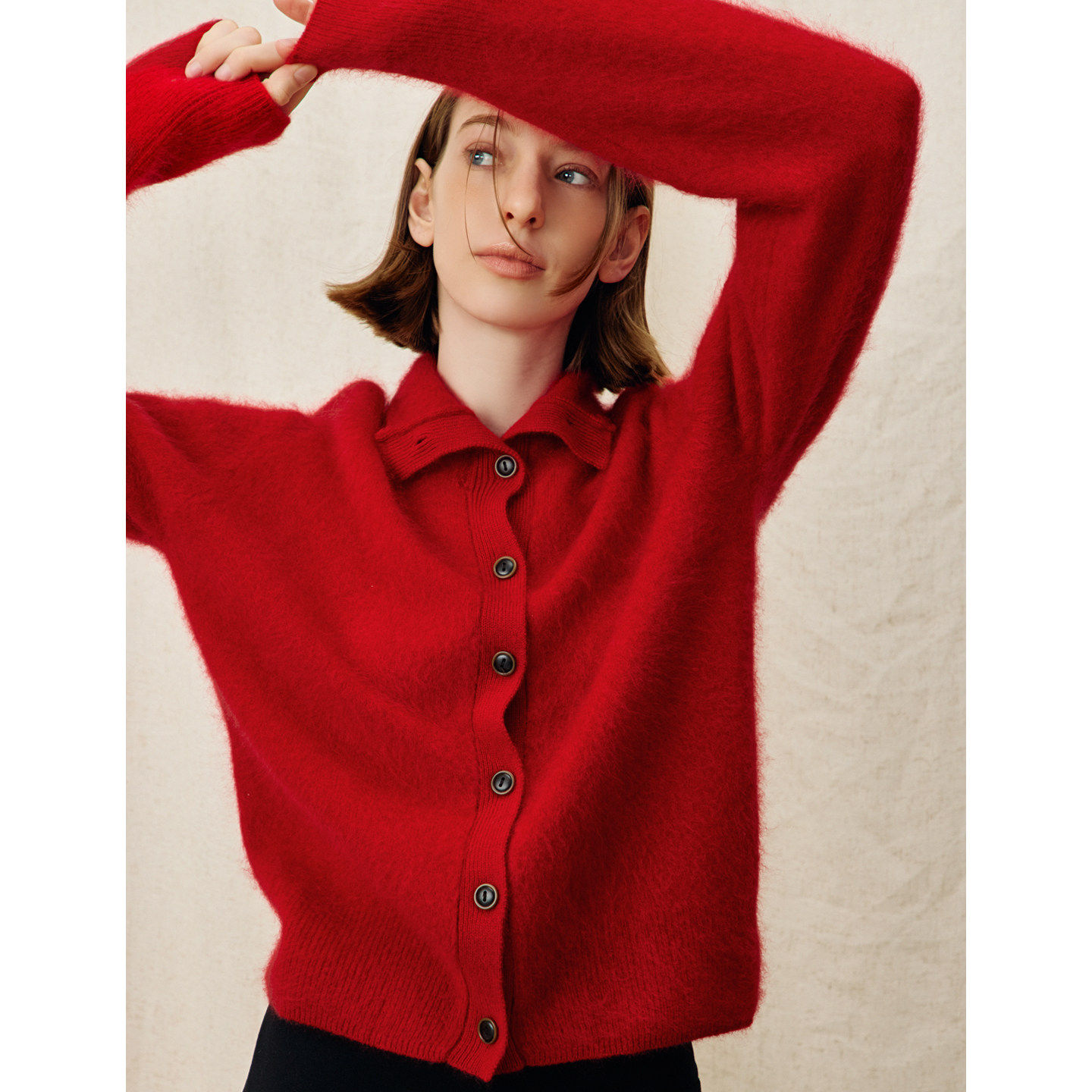 DNCY丨 95%羊毛  老钱风红色圣诞新年针织开衫女冬季新款毛衣外套