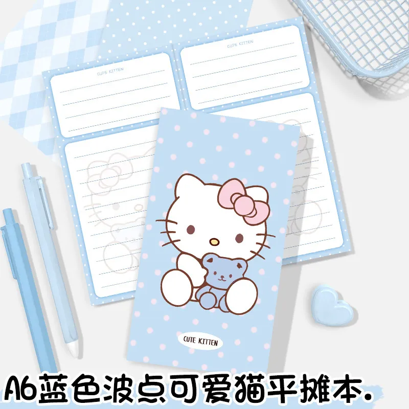 a6平摊彩页本蓝色波点可爱猫日韩卡通手账本随身记事本可撕笔记本