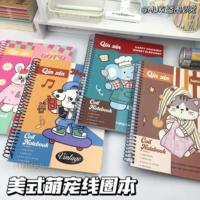 美式萌宠A4线圈本横线分类笔记本彩页手账记事本子日记外贸