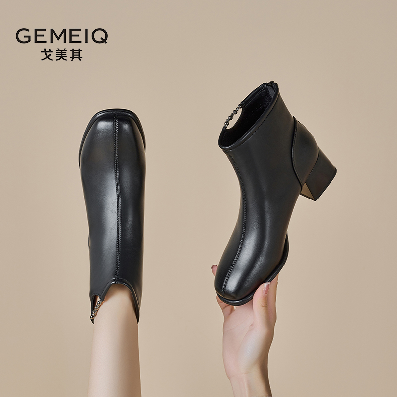 戈美其时装靴冬季粗跟加加绒短筒女靴显瘦皮靴瘦瘦靴百搭短靴马丁