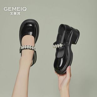 厚底百搭舒适小皮鞋 戈美其玛丽鞋 粗跟浅口一脚蹬单鞋 春季 增高女鞋