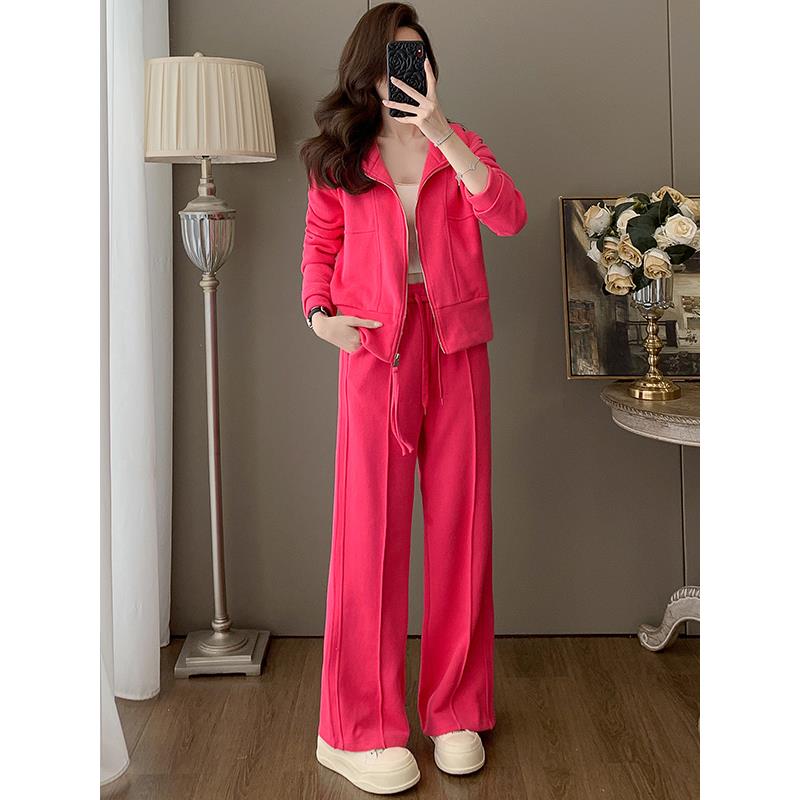 炸街玫红色休闲运动套装女2025秋季洋气减龄外套上衣阔腿裤两件套