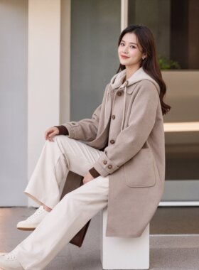 加厚毛呢大衣女中长款2026秋冬季爆款韩版连帽宽松气质毛呢外套潮