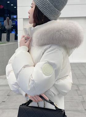 黑色狐狸毛领短款棉服女2026冬新款连帽立领超好看收腰保暖外套