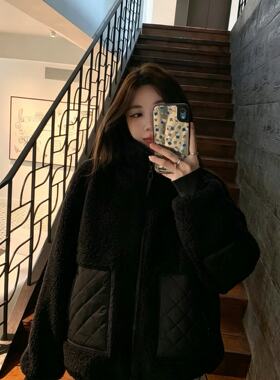 张贝贝ibell环保羊*羔毛菱格绗棉设计感补丁小奶糕外套女保暖百搭