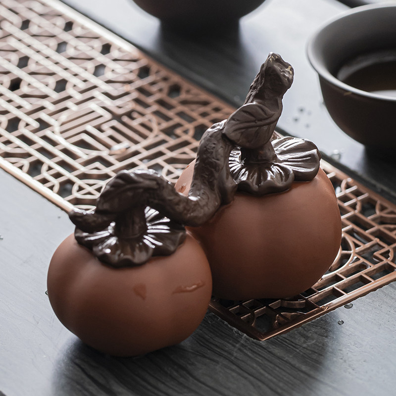 紫砂茶宠柿子可养茶玩仿真水果变色柿柿如意茶道茶桌茶台茶盘摆件