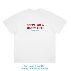 HAPPY WIFE HAPPY LIFE 美式情侣装国潮T恤复古简约宽松个性短袖