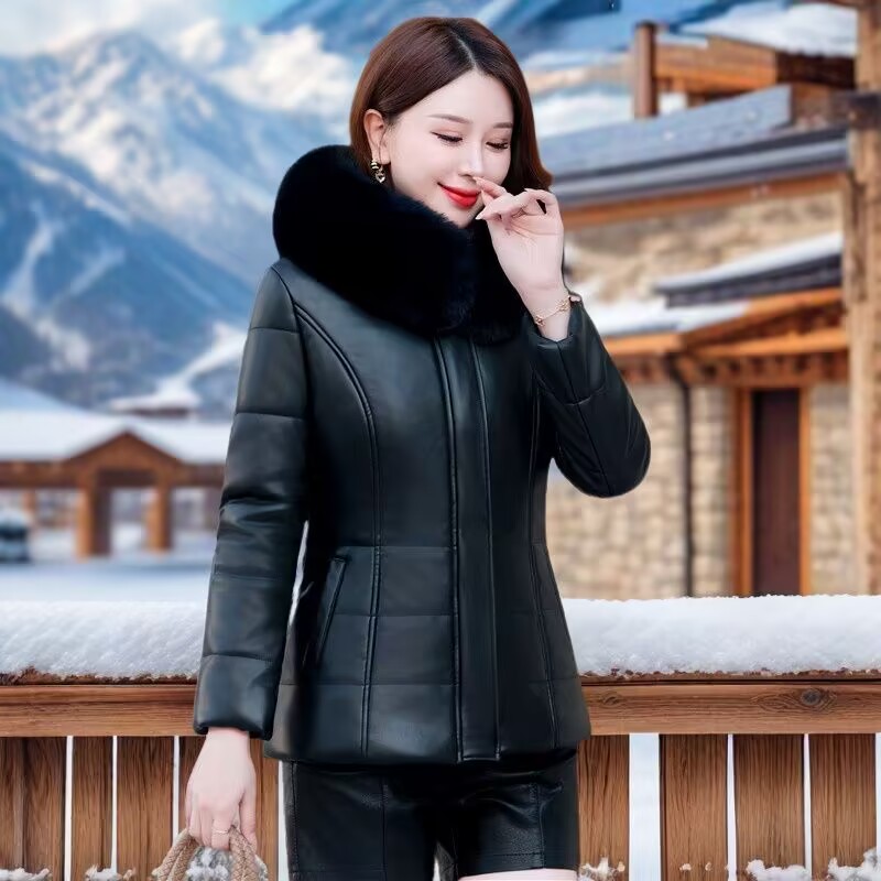 新款冬季海宁皮衣女短款加绒妈妈装棉服加厚真皮中年皮棉衣女外套
