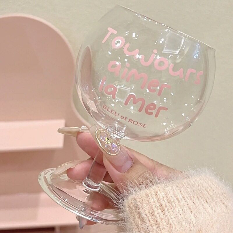 网红高脚杯ins风可爱少女粉大肚子杯法式甜品酒杯高颜值玻璃杯夏