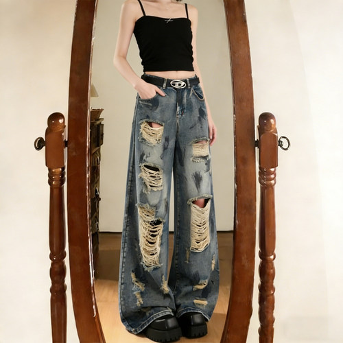 特大码女装高腰阔腿破洞牛仔裤