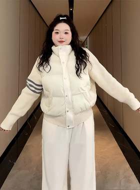 2-300斤加肥加大针织拼接加厚棉服女冬季胖mm大码三条杠棉衣外套