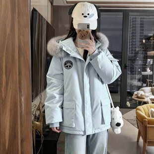 加厚保暖棉衣外套 胖mm学院风大毛领派克棉服女连帽工装 特大码 女装