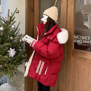 300斤胖mm大码 大毛领新年红棉服女加厚保暖流行洋气棉袄外套 女装
