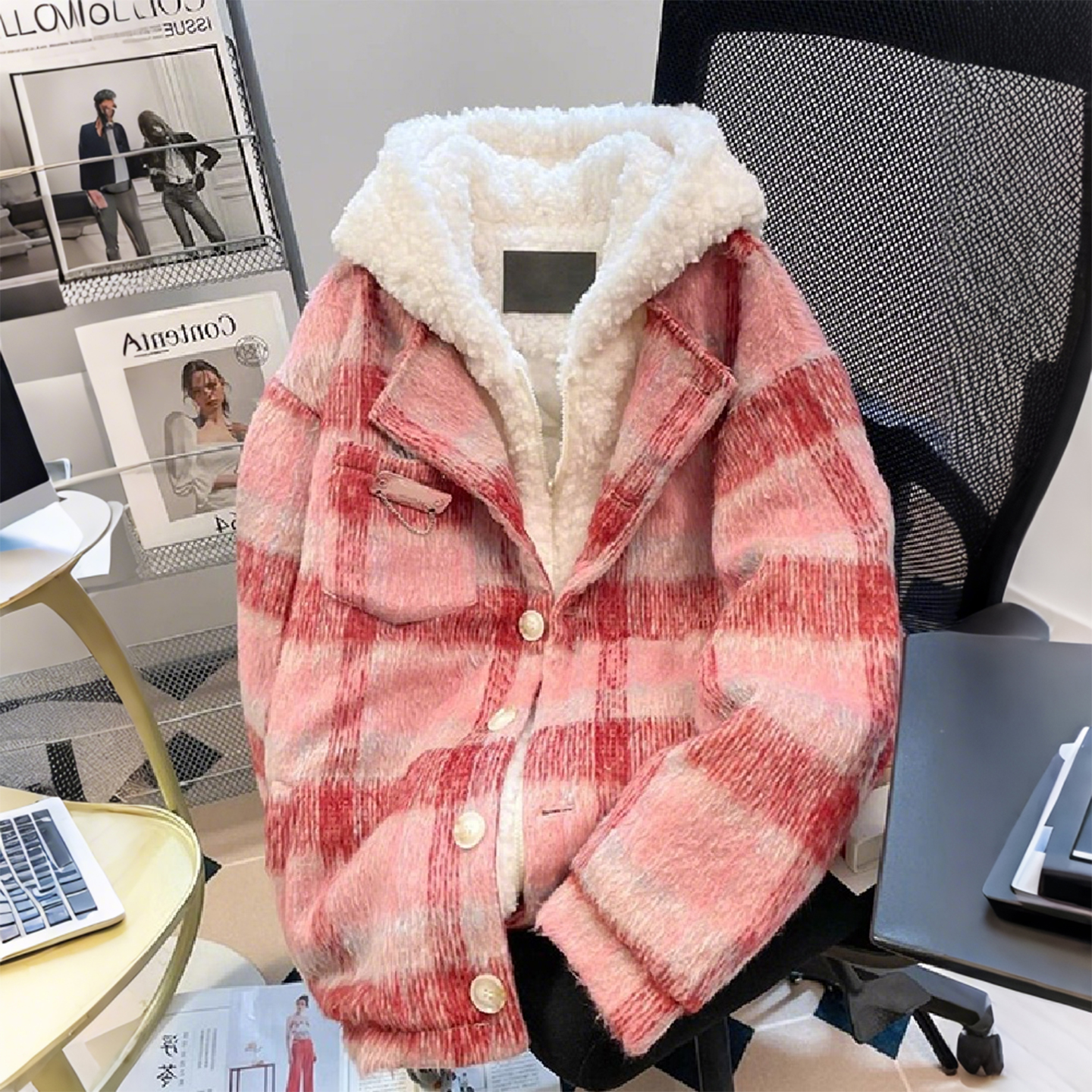 特大码韩系假两件格纹棉服外套