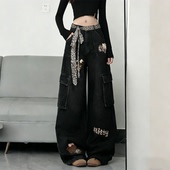 女高腰显瘦遮胯直筒裤 特大码 阔腿牛仔裤 胖mm复古豹纹刺绣工装 女装