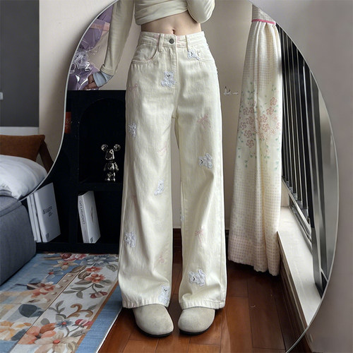 大码女装胖mm小熊刺绣牛仔裤女