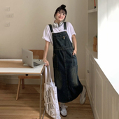 胖mm复古时尚 300斤大码 女装 百搭牛仔背带裙女宽松显瘦减龄连衣裙