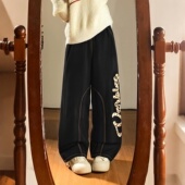 女高腰显瘦设计感直筒裤 300斤胖mm美式 复古豹纹拼接阔腿牛仔裤 子