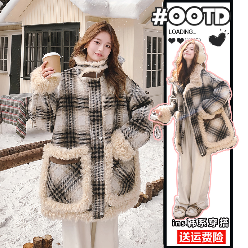 大码女装胖mm韩版羊羔毛格纹棉服女冬季新款宽松加厚保暖棉衣外套