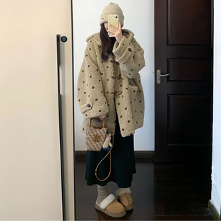 特大码 胖mm奶茶波点羊羔毛棉服女连帽加厚宽松显瘦棉衣外套潮 女装