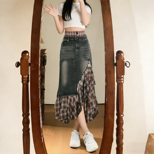 300斤大码 女复古格纹假两件牛仔半身裙女高腰半裙拼接设计感裙子