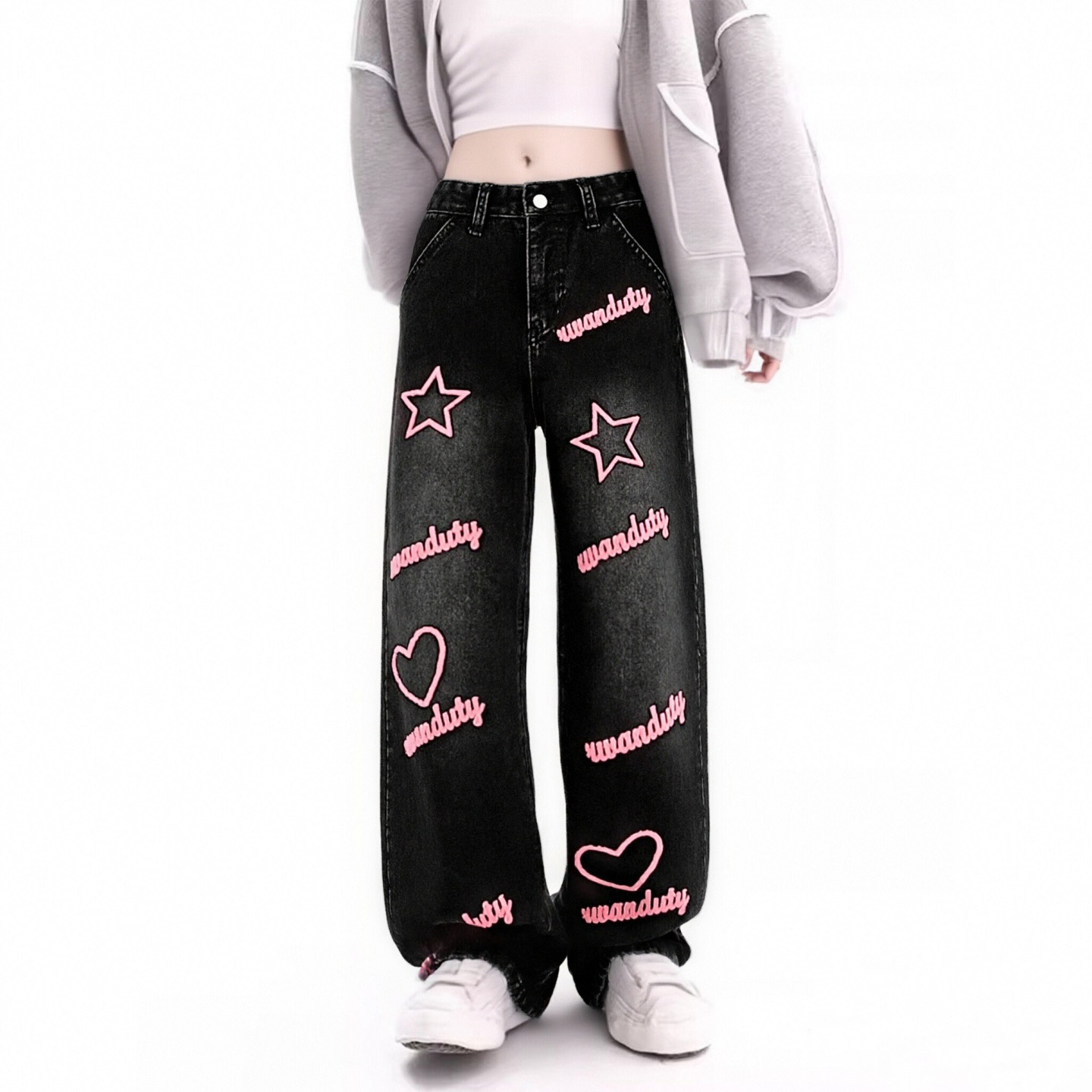 大码女装美式高街风黑色牛仔裤