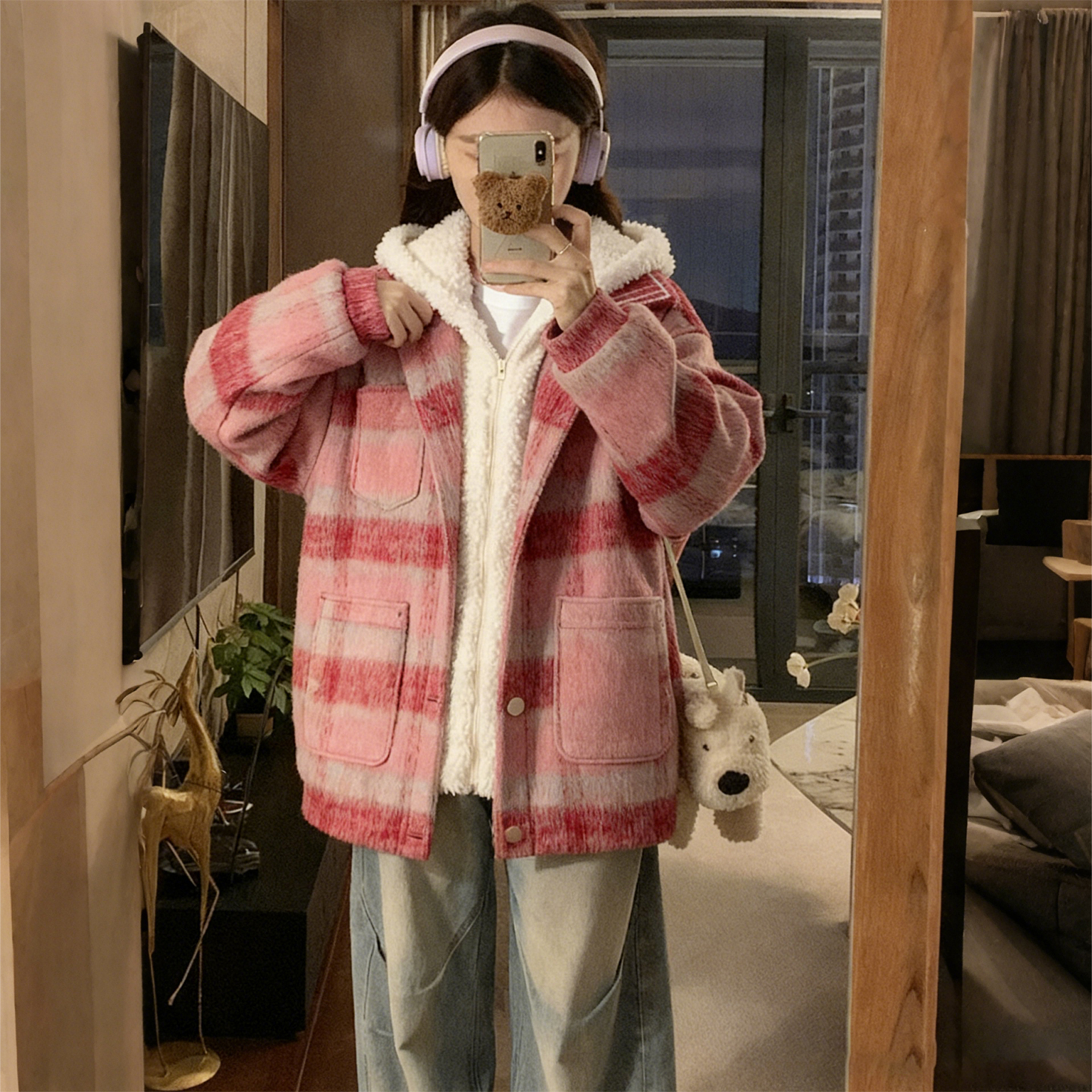 特大码韩系假两件连帽棉服外套