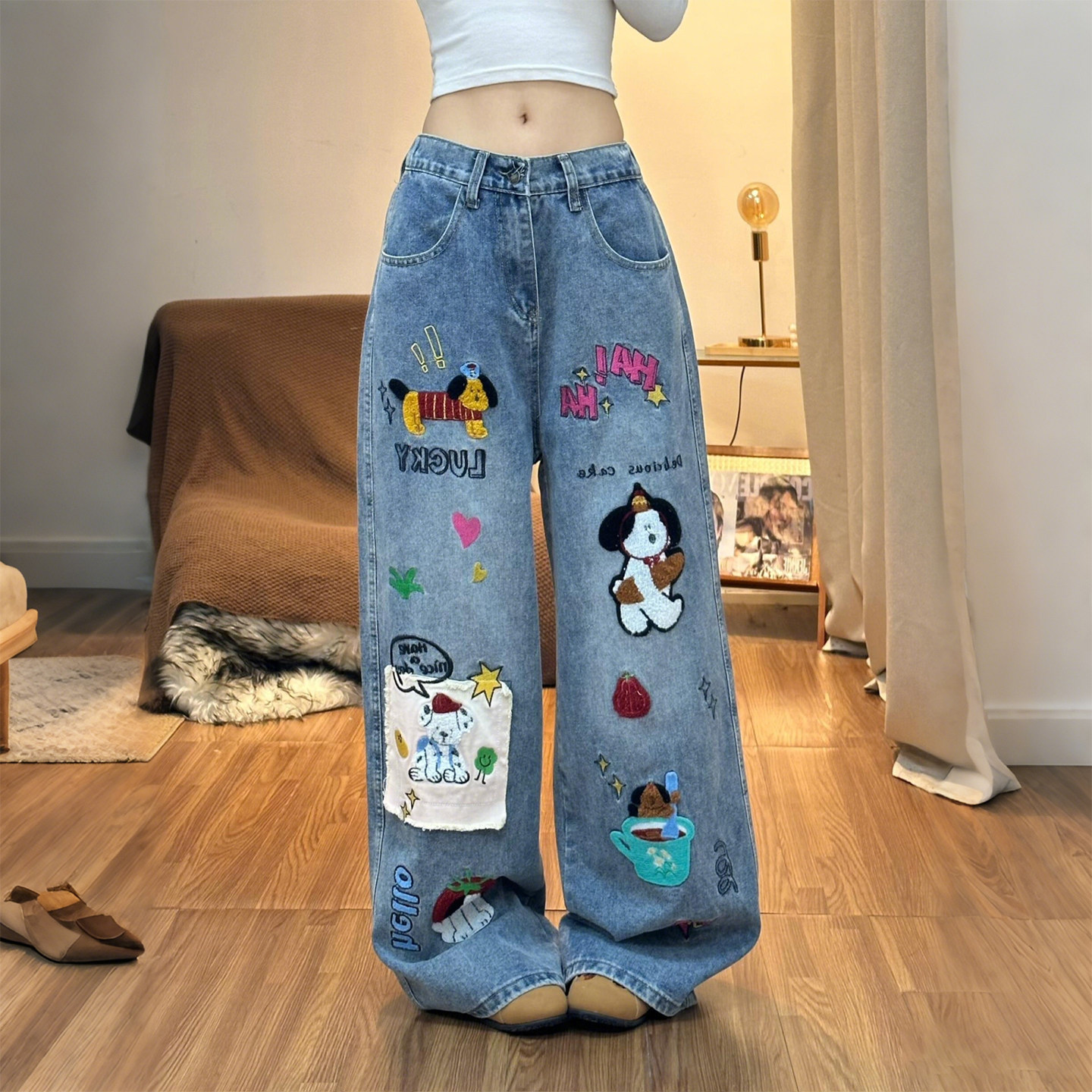 特大码女装胖mm美式卡通风刺绣阔腿牛仔裤女宽松高腰显瘦拖地长裤,女装/女士精品,大码裤装,淘宝优惠券,粉丝福利购,淘宝优惠卷