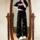 女高腰宽松显瘦阔腿裤 大码 风复古黑色小狗刺绣牛仔裤 胖mm美式 女装