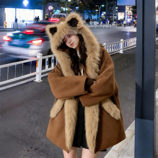 棕色毛领棉衣外套潮 胖mm设计感可爱猫耳朵连帽棉服女冬季 大码 女装