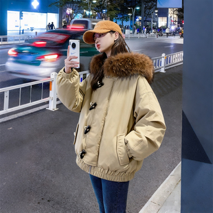 慵懒时尚 大码 新款 胖mm冬季 连帽毛领棉服女宽松百搭棉衣外套潮 女装