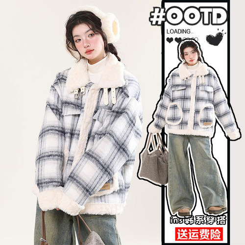 特大码女装胖mm格纹羊羔绒棉服