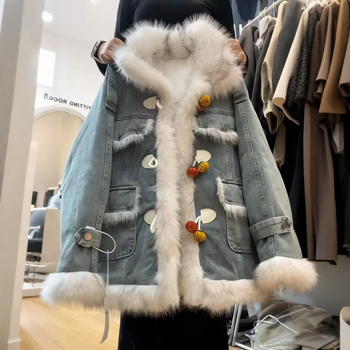 特大码女装复古拼接风羊羔毛棉服