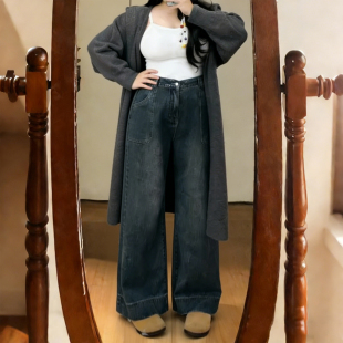 女高腰显瘦设计感直筒裤 300斤大码 复古阔腿牛仔裤 胖mm美式 子 女装