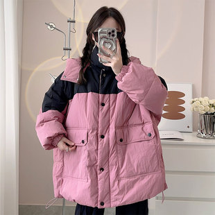 新款 冬季 300斤胖mm大码 拼色连帽棉服宽松加厚保暖棉衣外套 女装