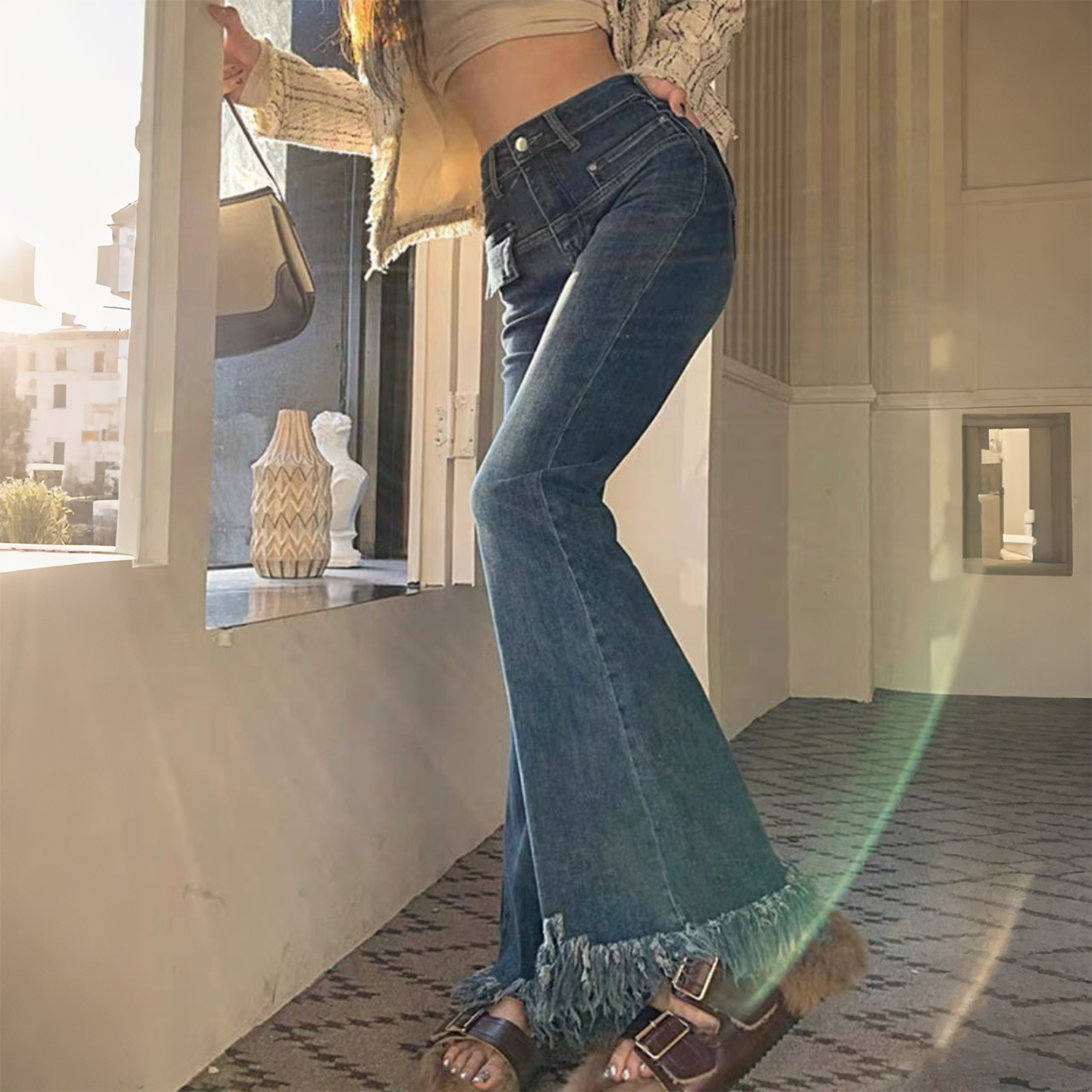 特大码高腰显瘦毛边微喇牛仔裤