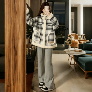 复古格纹羊羔毛棉服女加绒加厚保暖棉衣外套潮 胖mm美式 特大码 女装